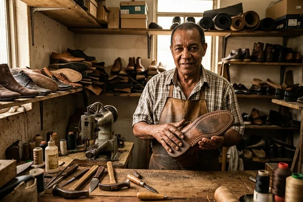 Sapateiro demonstrando seu trabalho em Resende, com calçados em reparo na oficina.