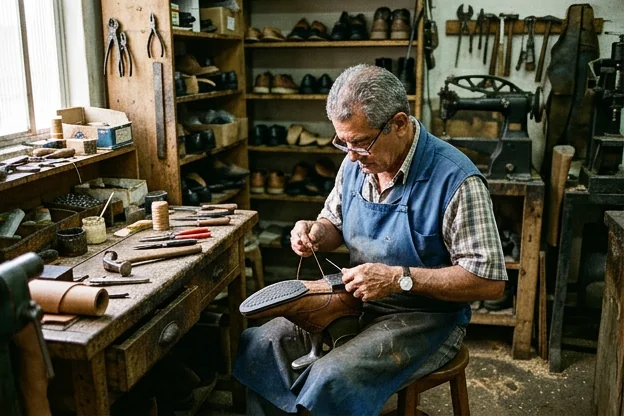 Sapateiro em Resende trocando o solado de um sapato, exibindo as ferramentas necessárias para o serviço.